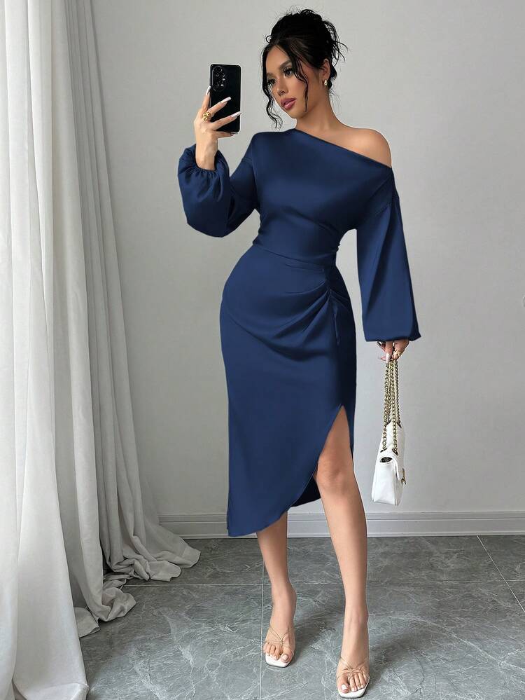 abyoxi Purplish Blue Color Elegant Asymmetrical Neck Long Sleeve Waist Handmade Pleated Sexy Satin Dress,Dating,Party,Simple,Back To School,Fall/Winter Clothes For Women Wedding Spring - Navy Blue - View 1