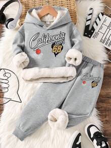 男童字母印花保暖连帽衫和运动裤套装 - 灰色 - 查看 1