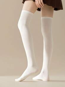 1双女士秋季过膝袜，高筒防滑修身纯色小腿袜，舒适袜子