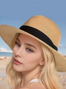 قبعة قش نسائية ورجالية قطعة واحدة، قبعة شاطئ صيفية، قبعة شمس، قبعة علوية، لون أحادي، بوهيمي عادي لفصلي الربيع والصيف