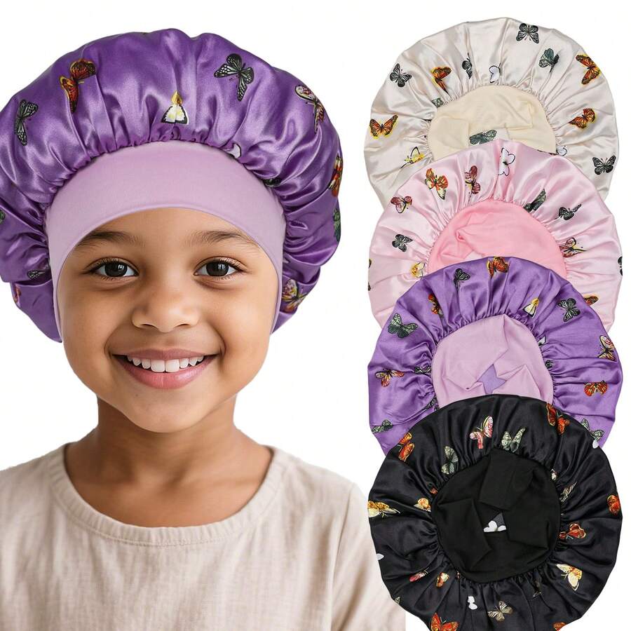 Awegeo 4 Packs Children's Bonnets: Stretchable, Printed Soft Satin Fashion Sleep Caps For Daily Use & Hair Protection - Multicolor - View 1