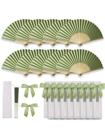 3/15/30pcs Set, Summer Green Series Wedding Gift Fan Set, Ladies Folding Fan, Green Series Bowknot, Transparent Sandbag, Wedding Party Decoration. Suitable For Bridal Gift Parties, Birthday Party Favors, Bridesmaid Group Photo Props, Summer Fans, Event And Party Supplies, Multi-Item Party Gift Bags
