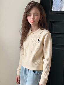 Áo len cổ tròn thêu họa tiết thường ngày cho bé gái tuổi teen, mùa thu - Màu be - Xem 2