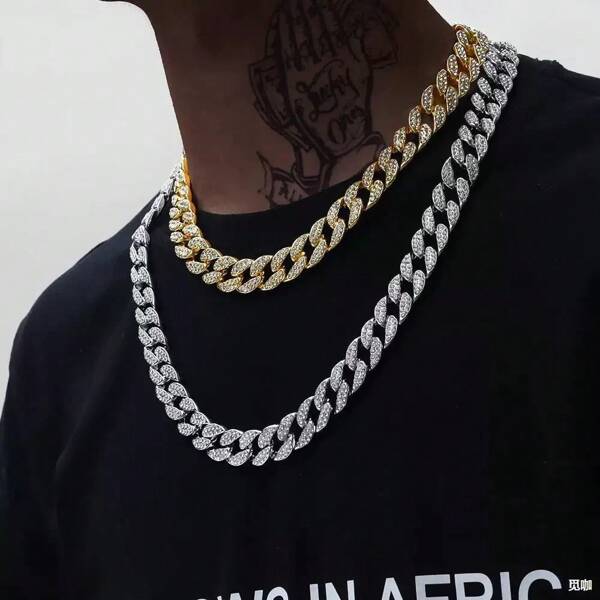 1pc Fashionable Jewelry, Luxury Fully Rhinestone Decorated Cuban Link Chain Necklace