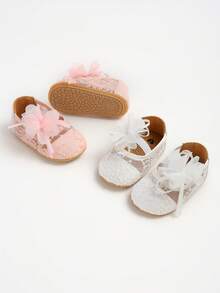 女婴玛丽珍鞋，防滑橡胶底芭蕾平底鞋，公主裙婚鞋，新生儿学步鞋 - 白色 - 查看 9