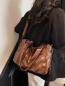 Große Kapazität einfarbige Damen Schultertasche, modische Damenhandtasche mit geräumigem Platz, personalisierte Schulter Umhängetasche geeignet für den täglichen Gebrauch, Schule, Ausflüge, Einkaufen, Geschenke, Reisen, Pendeln - Braun - Übersicht 6