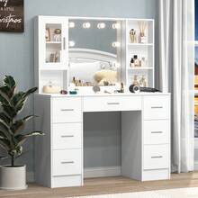 Large Dressing Table With Dimmable LED Mirror And 7 Drawers Makeup Vanity Desk - White - View 1