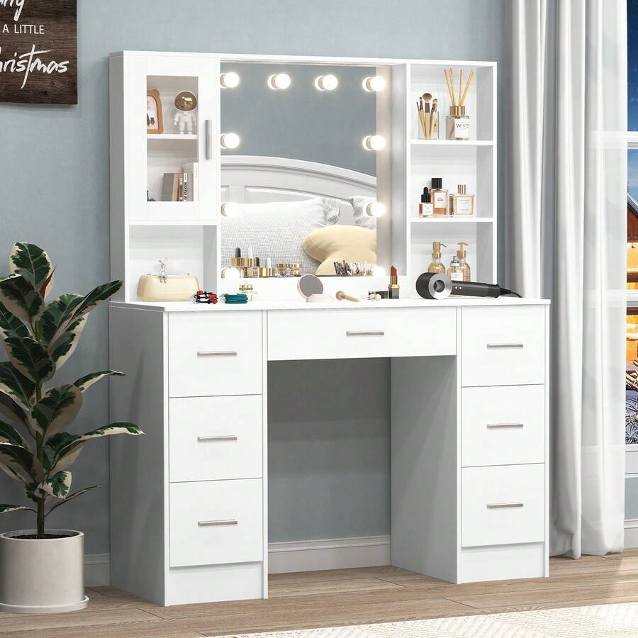 Large Dressing Table With Dimmable LED Mirror And 7 Drawers Makeup Vanity Desk - White - View 1