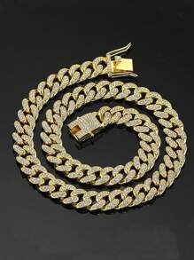 1pc European & American Street Hip Hop Style Fully Rhinestone Chain Necklace, Golden Color, Fashionable Hiphop Jewelry For Men & Women, Choker, Multiple Sizes Available