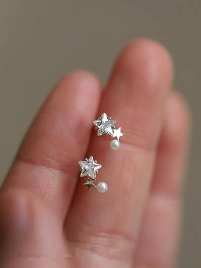 زوج من أقراط الأذن المرصعة بالزركونيا والخرز المستدير من الفضة الإسترليني عيار 925، بتصميم نجمة وخرز مستدير، مجوهرات مثالية لعيد الميلاد، مناسبة للاستخدام اليومي للنساء وكهدايا عيد، إكسسوارات مجوهرات عصرية