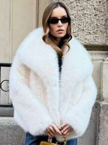 TRAFZA 女士仿皮草优雅外套，休闲奢华纯色大衣，保暖宽松女士时尚街头风长袖外套 - 白色 - 查看 7