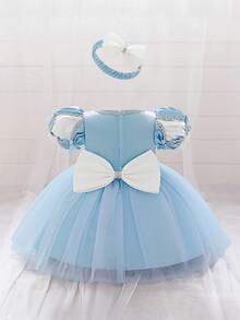 Baby Girls' Purple Puff Sleeve Embroidery Mesh Luxurious Princess Dress, Suitable For Parties - Blue - View 3