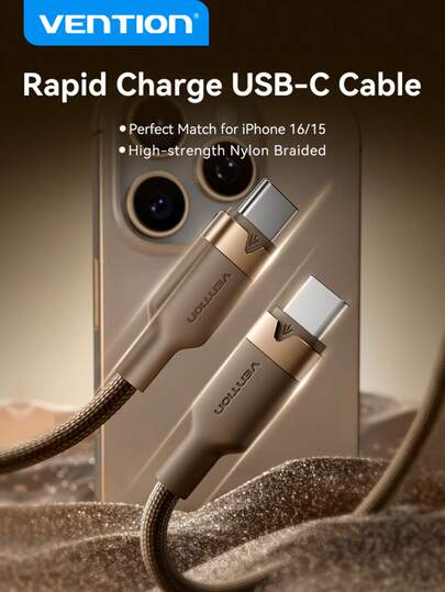 VENTION 60W USB C 转 Type C 数据线兼容，延长 Type C 快速充电数据线，USB-C 电源线，Type C 端口充电线，铝合金连接器，高耐用性尼龙编织线 Nan 兼容 16、16 Pro Max、15、15 Plus、15 Pro、15 Pro Max，兼容 Redmi，兼容 OnePlus 充电器