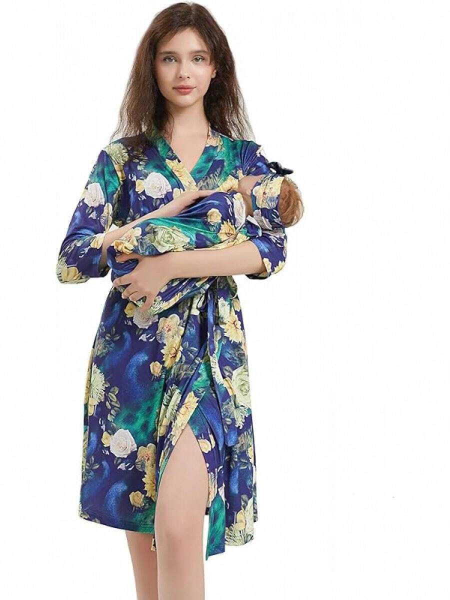 Maternity Robe And Baby Receiving Blanket Set For Labor And Delivery - 孔雀 - 查看 1