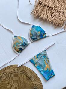 Conjunto de Biquini de Fita Marmorizado Cortininha Calcinha Fio Dental Moda Praia Feminino 2025 - Azul - Visão 2