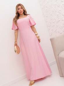 A&DD MODA, REF: 8025 Women's Short-Sleeved Lotus Edge Dress, Solid Color, Long A-Line Skirt, Temperament Slim Waist Skirt For Summer 2025 - 粉色 - 查看 3