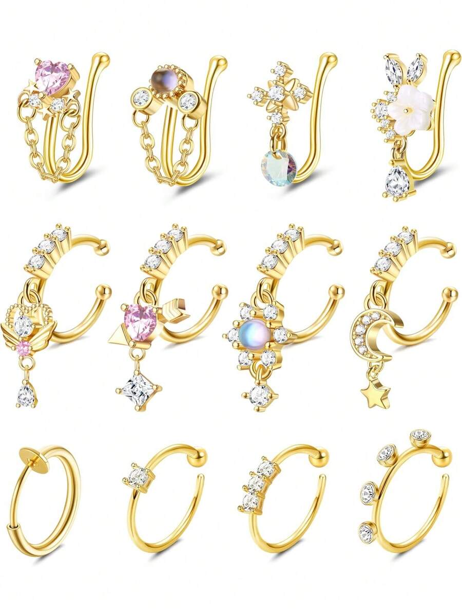 Milacolato Nose Cuff Fake Nose Ring Hoop Clip On Nose Ring CZ Dangle Fake Nose Ring Cartilage Tragus Ring Nose Cuff Non Piercing For Women Men - 彩色 - 查看 1