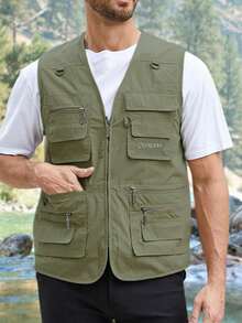Men's Fishing Vest Utility Travel Vest With Pockets Outdoor Work Photo Cargo Fly Summer Vest - xanh quân đội - Xem 2