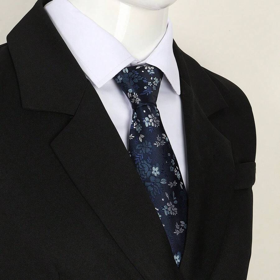 1 件男士 3.15 英寸海军蓝花卉领带，婚礼、派对时尚领带，高品质高密度男士领带 - 藏蓝色 - 查看 1