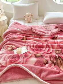 1pc Christmas Floral Pattern Blanket, Soft Double-Layer Raschel Throw Blanket, Long Plush Warm & Cozy For Bedroom, Living Room, Travel