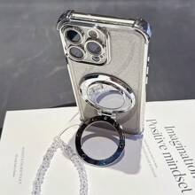 Nuevo estuche antichoque de 4 esquinas para teléfono + cuerda colgante con perlas rosas brillantes + espejo de maquillaje circular rosa brillante con soporte magnético integrado compatible con iPhone 6/7/8/X/XS/XR/11/12/13/14/15/16, Galaxy S22/23/24, A04/05/06/A14/A15/A16/A24/A25/A34, Redmi Note 7/8/9/10/11/12/13, Redmi 9/10/12/13C, OPPO, MOTO, Honor X, HW, Realme C53 C55