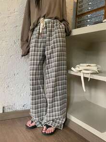 Quần ống đứng dáng rộng thắt dây kiểu Hàn Quốc tối giản kẻ caro, mùa xuân - Xám - Xem 2