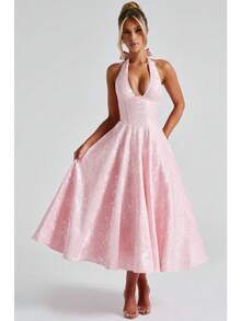 V-Neck Halter Neck Jacquard Backless Long Dress - Elegant Night Out Party Glam Festival Look For Women Spring Summe - 粉色 - 查看 2