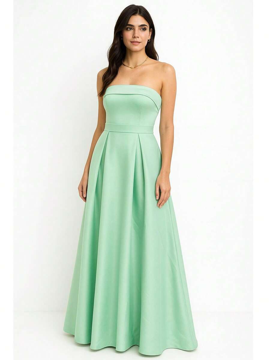 Long Strapless Princess Style Bridesmaid Prom Debutante Party Dress In Luxurious Satin Matte Fabric - Mint Green - View 1