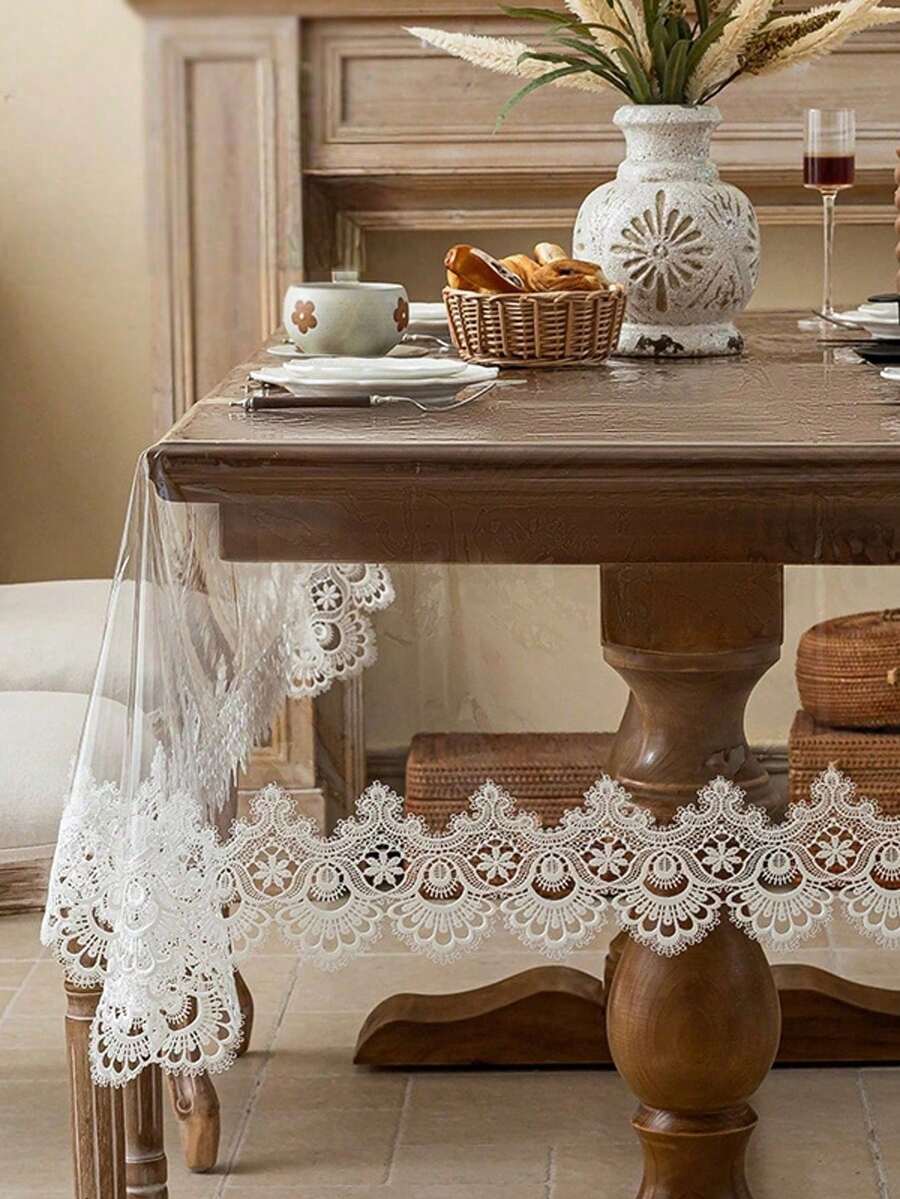 1pc Transparent Lace Edged Tablecloth, Modern PVC Rectangular Tablecloth, Suitable For Dining Table, Coffee Table, Daily Home Decor And Party, Wedding, Holiday