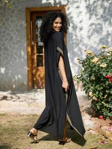 黑色刺绣迪拜风格休闲短袖女式睡袍 - 黑色 - 查看 5