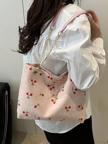 1pc Polyester Deer Pattern Decorative Large Capacity Zipper Shoulder Tote Bag, Suitable For Women's Daily Use - Pink - View 4
