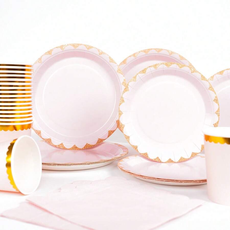 10 Stücke/25 Stücke/55 Stücke Wegwerf-Teller, -Becher und -Servietten im Blush Gold Rand-Design, Astronaut Teller, Becher und Servietten Party Zubehör, geeignet für Geburtstag, Hochzeit, Party, Familien-Picknick, wiederverwendbares (7inch/9inch, 9oz) Einweg-Geschirr Set