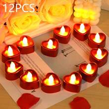6/12/24件套明亮浪漫心形LED蜡烛套装，浪漫装饰，情人节装饰，无焰浪漫氛围LED茶蜡，适用于情人节、周年纪念日、婚礼、生日派对装饰