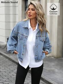 Mobula Sound# 百搭休闲时尚夏季，性感音乐节风格，轻松假日时尚，酷炫 Y2K 美学，年轻女性灯笼袖蓝色牛仔夹克 - 藏蓝色 - 查看 5