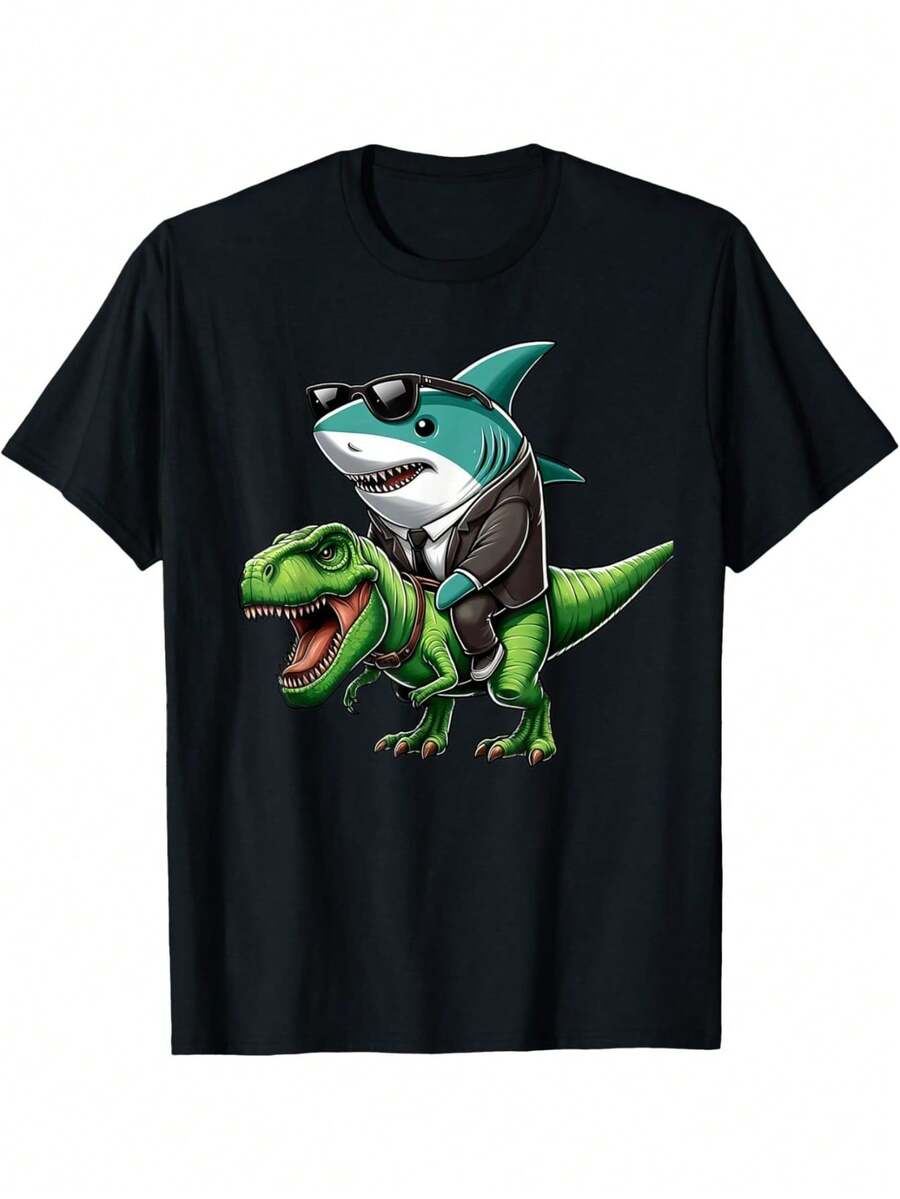 Camiseta de Tiburón Montando Dinosaurio Tiburón Montando T-Rex Amante de Tiburones Jawsome - Negro - Ver 1
