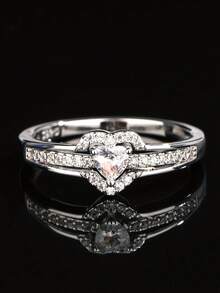 A Ladies' Elegant Double-Layer Heart-Shaped Cubic Zirconia Ring, Valentine's Day Christmas Anniversary Gift, Party And Daily Wear Jewelry, Sparkling Accessories - 銀色 - 查看 2