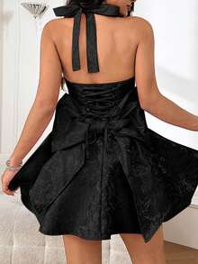 WOWDARK Summer Dress, Black Elegant Backless Bowknot Spaghetti Strap V-Neck Jacquard Party Dress For Women, Suitable For Valentine's Day, Dates, Gatherings, Parties, Travel, Vacation, Beach And Other Occasions - Black - View 3