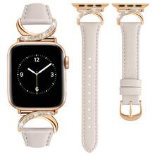 兼容 表带 49mm 46mm 45mm 44mm 42mm 41mm 40mm 38mm – 女士纤薄皮革表带，配水钻金色 C 型扣 – 适用于 I-Watch Ultra/SE/10/9/8/7/6/5/4/3/2/1 的奢华表带 – 适合办公室、派对、礼物 - 杏色 - 查看 2