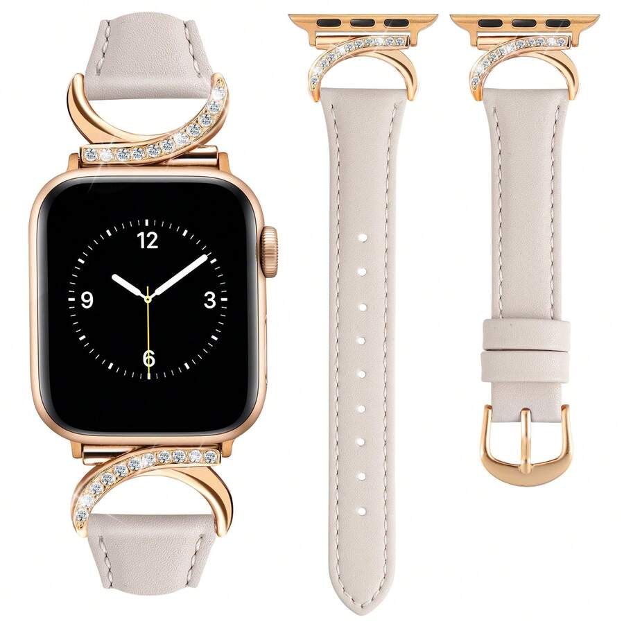 兼容 表带 49mm 46mm 45mm 44mm 42mm 41mm 40mm 38mm – 女士纤薄皮革表带，配水钻金色 C 型扣 – 适用于 I-Watch Ultra/SE/10/9/8/7/6/5/4/3/2/1 的奢华表带 – 适合办公室、派对、礼物
