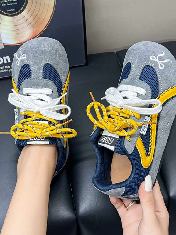 Women's Lace-Up Retro Sneakers, Colorful Contrast Design, Mesh Breathable, Cute Cartoon Decor, Casual Shoes