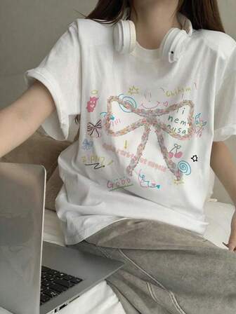 2025新款女式超大蝴蝶结设计短袖T恤，独特小品牌休闲宽松上衣