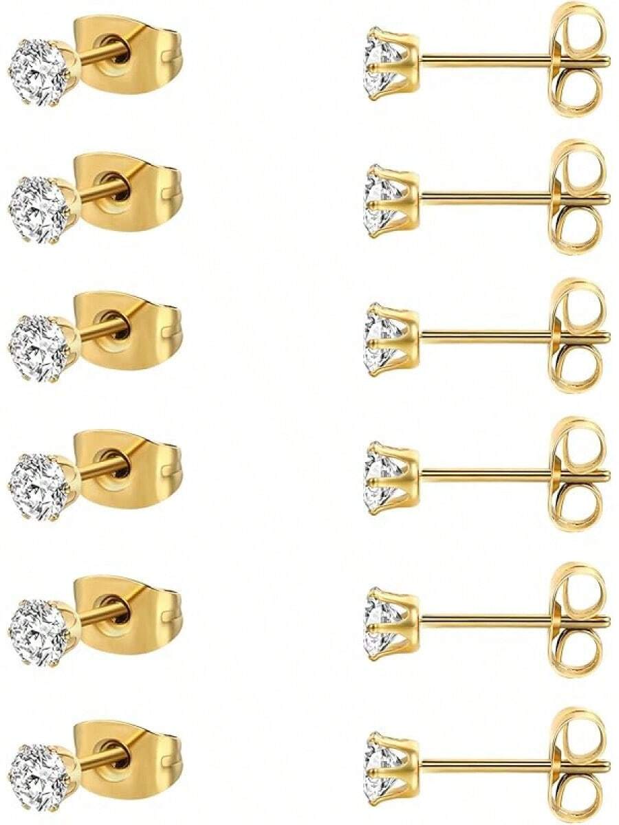 MDFUN 6 Pairs Stud Earrings Sets 3-8MM 18K Gold Plated Round 5A+ Cubic Zirconia Earrings CZ 6 Prong Ears Jewelry Women - 4MM-黃金 - 查看 1