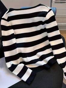 Striped Colorblock Cross-Front Neck Sweater, Stylish Long-Sleeved Sweater For Women, Suitable For Fall And Winter