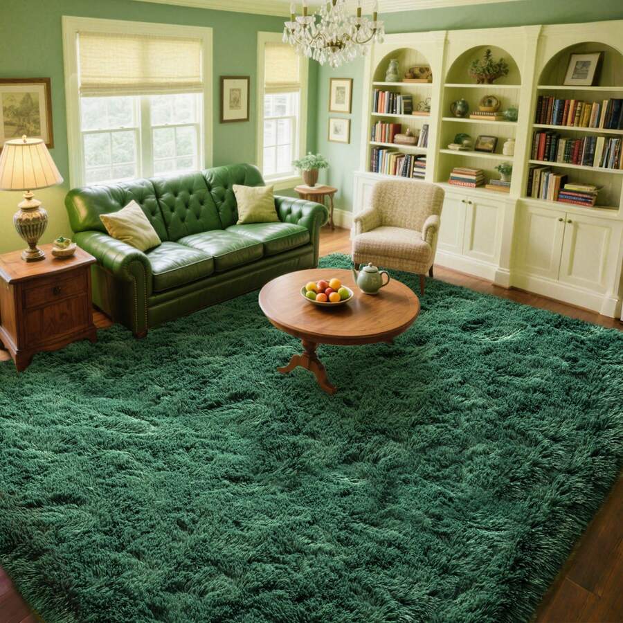 Large Shaggy Carpet For Living Room And Bedroom - Washable, Fluffy Carpet With 4.3 Cm High Pile, Plush, Aesthetic Throw Rug, Non-Slip Rubber Backing With 4 Anti-Slip Pads, Durable Edge Stitching - Cozy, Minimalist Decor - Great Gift For Halloween And Christmas, Perfect For Playrooms And Parties - Weight 700 G+/M² - 墨綠色 - 查看 1