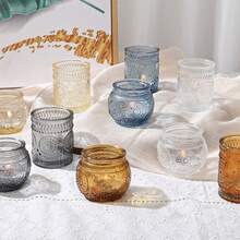 12pcs Vintage Nordic Style Sunflower Glass Candle Holders, Romantic Atmosphere Tabletop Decor Candle Cups, Suitable For Wedding, Dining Table Decoration