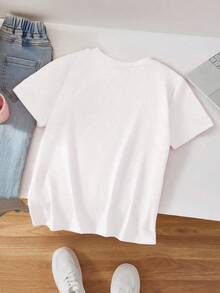 Girls' Casual Short Sleeve T-Shirt With Navy Blue Number 14 Print - Breathable Round Neck Tee For Casual Attire, Machine Washable Youth Apparel - 白色 - 查看 2
