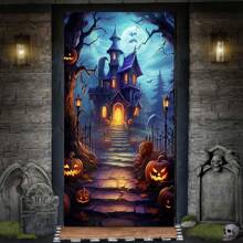 1pc-Pumpkin Castle Bat Halloween Door Cover - Gothic Polyester Banner With Vintage Horror Design, Spooky Outdoor/Indoor Decor For Haunted House & Halloween Party Entrance