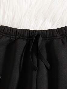 Tween Girls Casual Solid Color Faux Drawstring Embroidered Cartoon Pattern Elastic Waist Thermal Lined Pants & Oversized Hoodie, Autumn/Winter