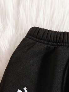 Tween Girls Casual Solid Color Faux Drawstring Embroidered Cartoon Pattern Elastic Waist Thermal Lined Pants & Oversized Hoodie, Autumn/Winter