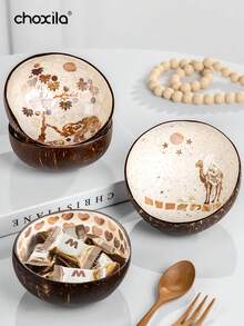 choxila 1个椰壳碗配木勺，复古圆碗，甜点碗，适用于糖果、巧克力、甜点，家用餐具，天然木碗，厨房、庭院、圣诞节。返校礼物，学校用品 - 貝殼椰碗 - 查看 4